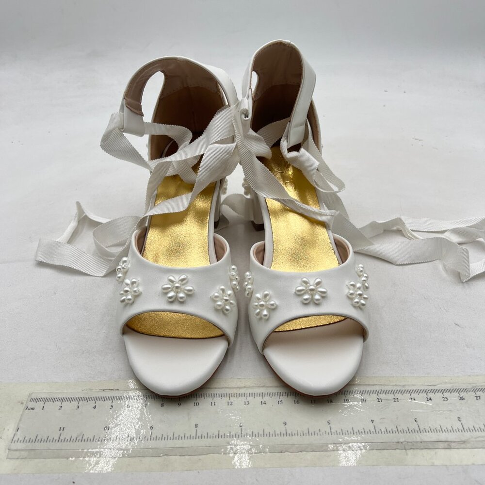 XYD White Open Toe with Bloom Pearl Flower Ribbon Ankle Strap Chunky Heel Sandal - Picture 3 of 8